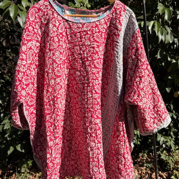 Custom Quilted Reversible Boho Top – Red & Blue Kantha-Inspired - Picture 2 of 4